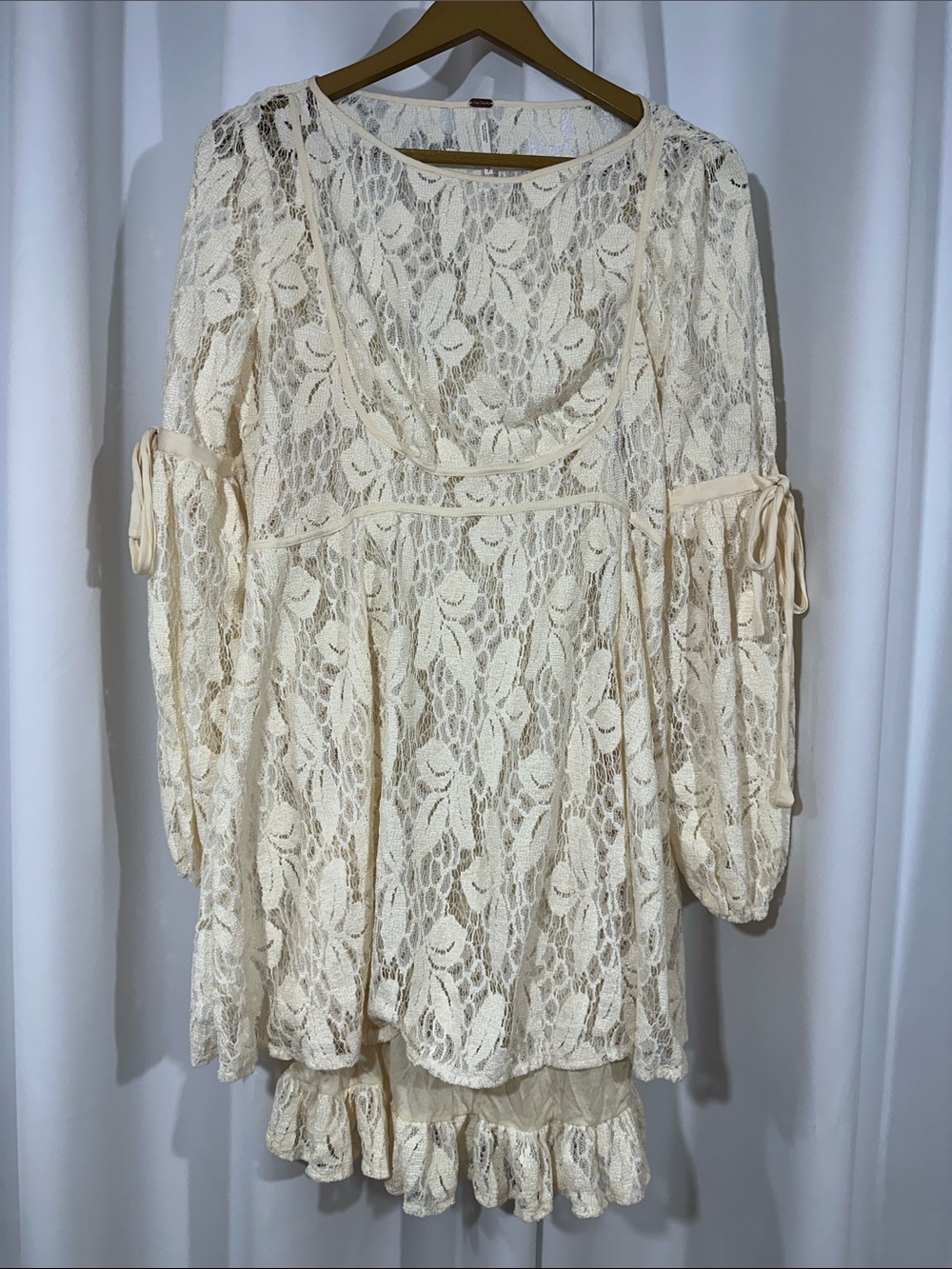 Free People Ivory Lace Boho Mini Dress Small Balloon Sleeve Romantic